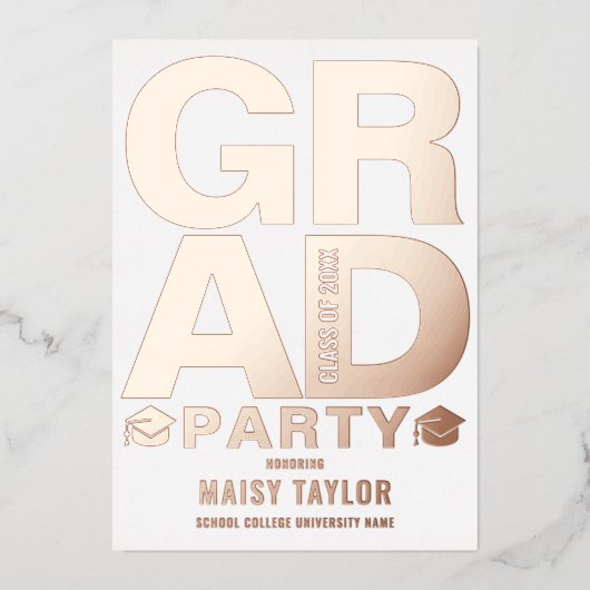 モダンな卒業パーティー写真 ローズゴールド 箔招待状 (正面)