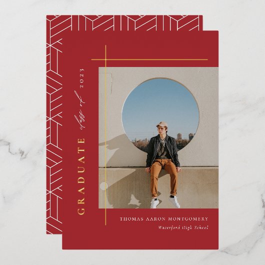 モダンな卒業写真の箔を使ったお知らせ 箔招待状 (正面/裏面)