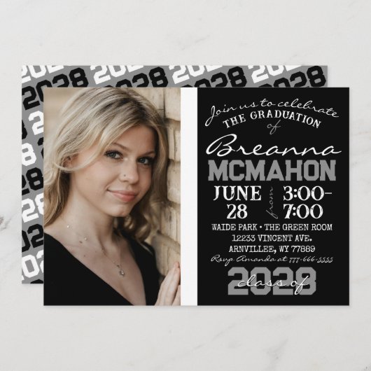 モダンな卒業写真招待状（黒と白） 招待状 (正面/裏面)