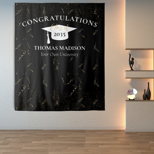 モダンな卒業式の偽の金色の紙吹雪　ブラック/ホワイト タペストリー