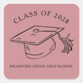 モダンな卒業式の帽子の落書きデザイン 卒業年度 スクエアシール (正面)