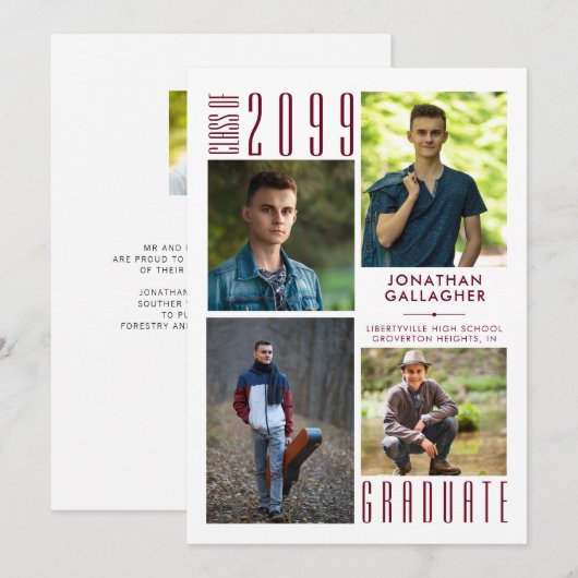 モダンな卒業式 バーガンディ マロン 5 枚の写真 案内状 (正面/裏面)