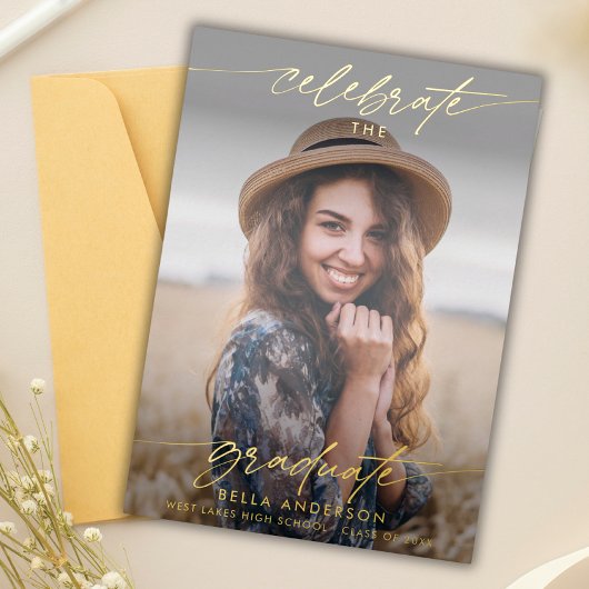 モダンな卒業生を祝う写真オーバーレイ 箔招待状