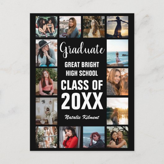 モダンな卒業生 14 枚の写真コラージュ 黒 卒業式 案内ポストカード (正面)