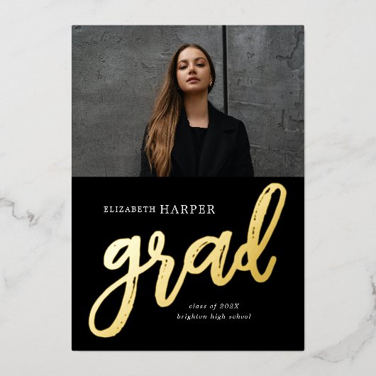 モダンな卒業筆記体スクリプト写真 卒業式 箔招待状 (正面)