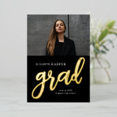 モダンな卒業筆記体スクリプト写真 卒業式 箔招待状 (立ち正面)