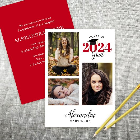 モダンな卒業3枚写真 卒業のお知らせ 案内状