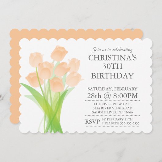 モダンな印刷のチューリップによっては誕生会が開花します 招待状 (正面/裏面)