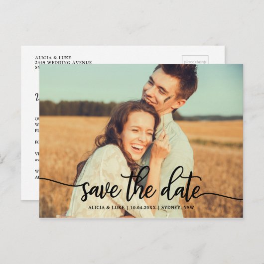 モダンな原稿のタイポグラフィの写真の保存日付 案内ポストカード (正面/裏面)