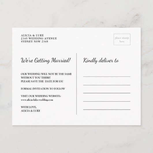 モダンな原稿のタイポグラフィの写真の保存日付 案内ポストカード (裏面)