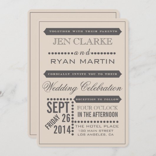 モダンな原稿のベージュ及び灰色の結婚式招待状 招待状 (正面/裏面)