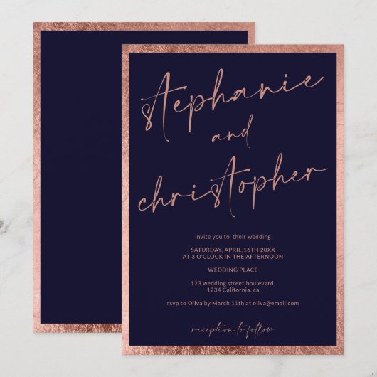 モダンな名前のカリグラフィー ローズゴールド ブルー ウェディング 招待状 (正面/裏面)