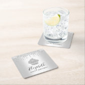 モダンな名前付きシルバーカップケーキグリッタードリップスクリプト スクエアペーパーコースター (インサイチュ)
