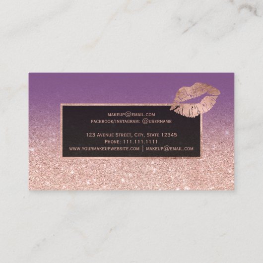モダンな唇のばら色の金ゴールドのグリッターの紫色のグラデーションな化粧 名刺 (裏面)
