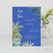 モダンな地中海風の青い植物モチーフの結婚式延期通知 セーブザデート (スタンド正面)
