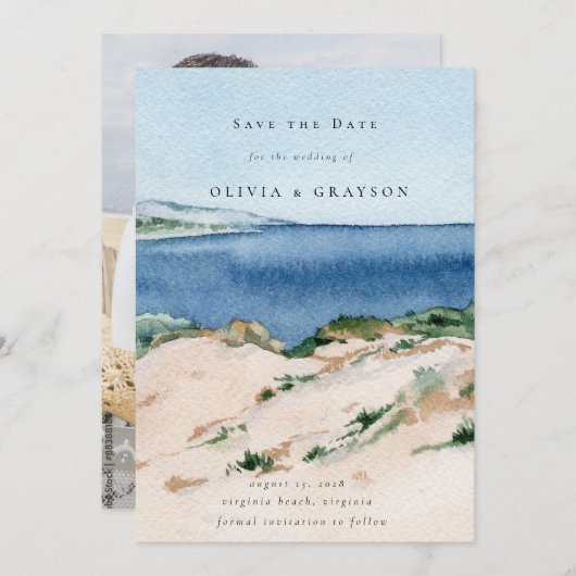 モダンな夏の海辺の結婚式 Save the Date セーブザデート (正面/裏面)