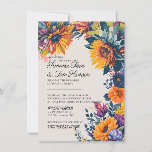 モダンな夏の花の結婚式招待状カード 案内状 (正面)