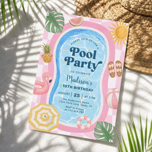 モダンな夏をテーマにした女子の誕生日プールパーティー 招待状