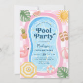 モダンな夏をテーマにした女子の誕生日プールパーティー 招待状 (正面)