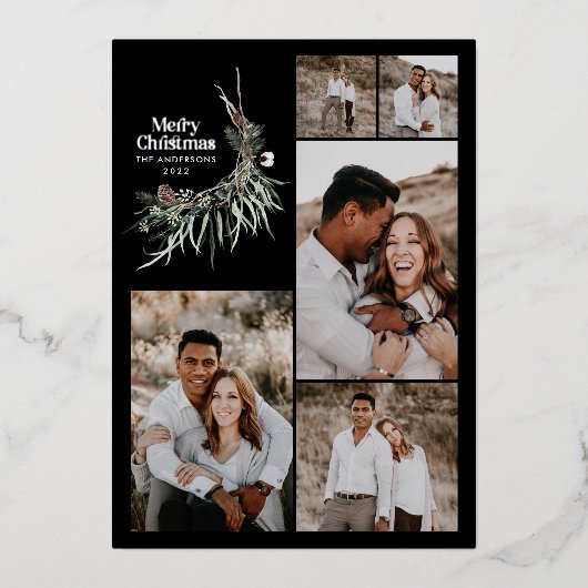 モダンな多写真エレガント水彩ボタニカル 箔シーズンカード (正面)