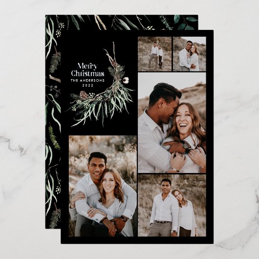 モダンな多写真エレガント水彩ボタニカル 箔シーズンカード (正面/裏面)