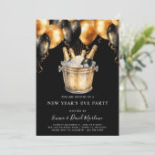 モダンな大晦日パーティーのゴールドブラック風船 招待状 (スタンド正面)