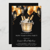 モダンな大晦日パーティーのゴールドブラック風船 招待状 (正面/裏面)