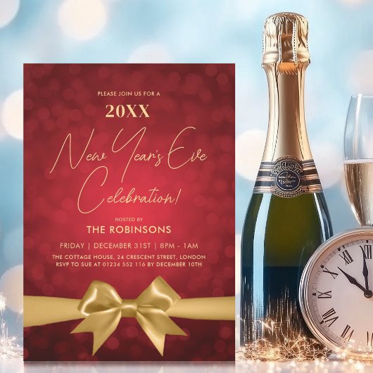 モダンな大晦日パーティー 赤いボケ ゴールドの弓 招待状