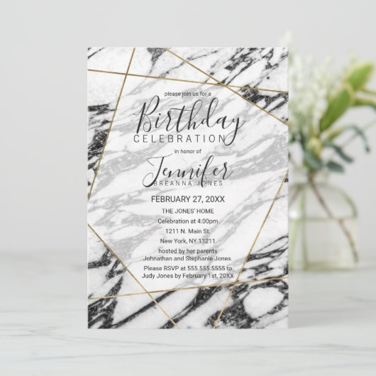 モダンな大理石の金ゴールドの幾何学的な誕生会 招待状 (スタンド正面)