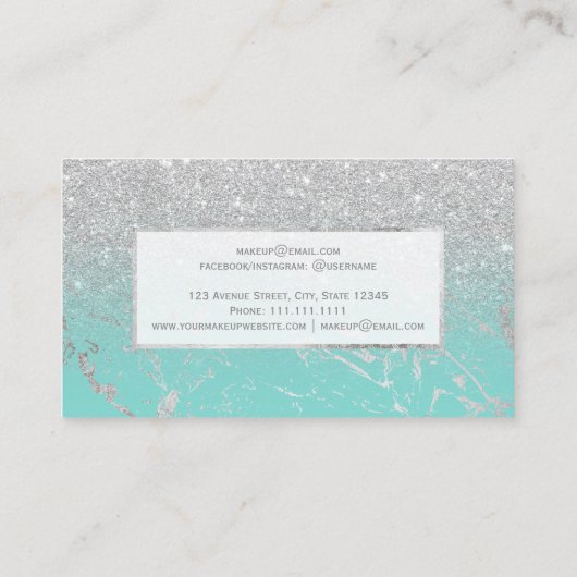 モダンな大理石の銀製のグリッターのティール（緑がかった色）のグラデーションな化粧 名刺 (裏面)