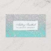 モダンな大理石の銀製のグリッターのティール（緑がかった色）のグラデーションな化粧 名刺 (正面)