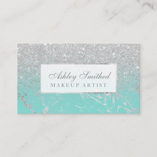 モダンな大理石の銀製のグリッターのティール（緑がかった色）のグラデーションな化粧 名刺 (正面)