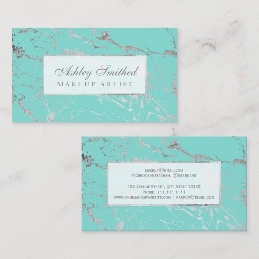 モダンな大理石の銀製のティール(緑がかった色)のシックでエレガントな化粧 名刺 (正面/裏面)