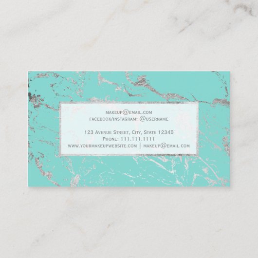 モダンな大理石の銀製のティール(緑がかった色)のシックでエレガントな化粧 名刺 (裏面)