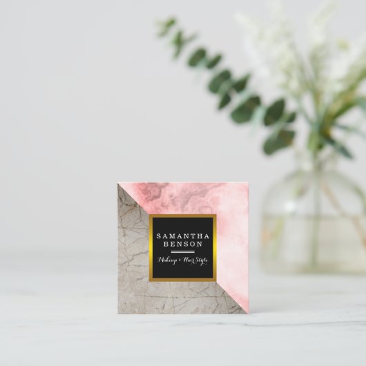 モダンな大理石の黒及び金ゴールドの美容院 スクエア名刺 (スタンド正面)