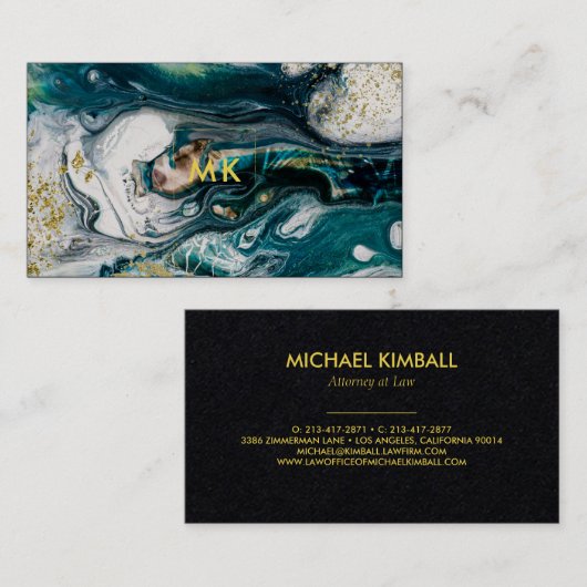 モダンな大理石|の青緑および金ゴールドの（ばちゃばちゃ）跳ねる 名刺 (正面/裏面)