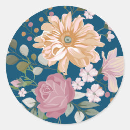 モダンな大胆な黄色とピンクの花のブルー背景 ラウンドシール