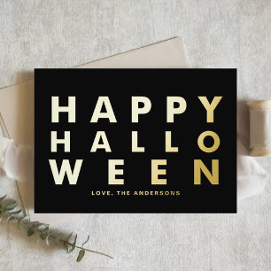 モダンな太字のタイポグラフィ ブラック ハッピーハロウィン 箔グリーティングカード