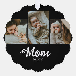 モダンな太字スクリプト ブラックの「Mom Established」 3枚の写真 オーナメントカード