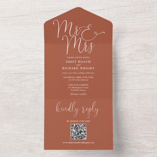 モダンな夫婦 テラコッタ ウェディングQRコード付招待状 オールインワン招待状 (内側)
