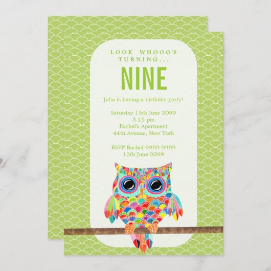 モダンな女の子の誕生会の虹のフクロウの招待 招待状 (正面/裏面)