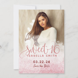 モダンな女の子らしいローズゴールドのラメ入りチックなSweet 16 セーブザデート