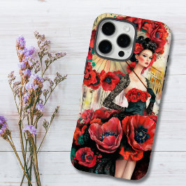 モダンな女性とポピーの花柄ドレス iPhone 16 PRO MAXケース