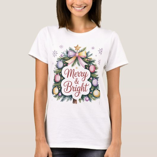 モダンな女性のクリスマスを祝うメリリーブライト Tシャツ (正面)