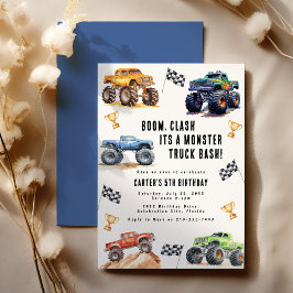 モダンな子供のモンスタートラック誕生日パーティー 招待状