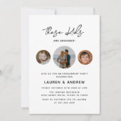 モダンな子供の写真とユーモアあふれるスクリプトエンゲージメントパーティー 招待状 (正面)