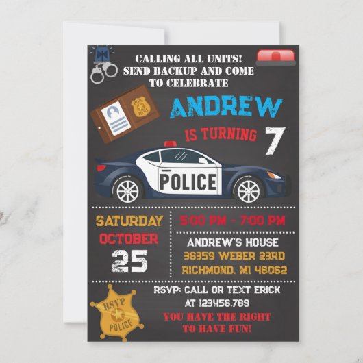 モダンな子供向け警察テーマの誕生日 招待状 (正面)