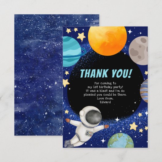 モダンな宇宙誕生日パーティーお礼カード サンキューカード (正面/裏面)