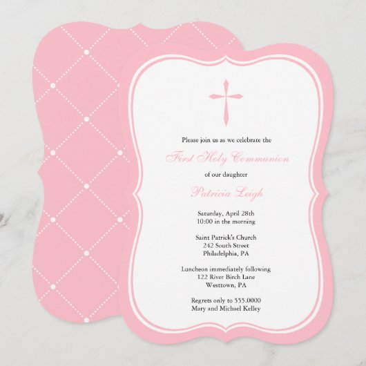 モダンな宗教の十字架、ピンク 招待状 (正面/裏面)