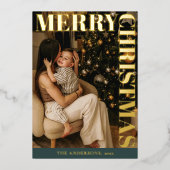 モダンな家族写真のグリーン メリークリスマス 箔シーズンカード (正面)